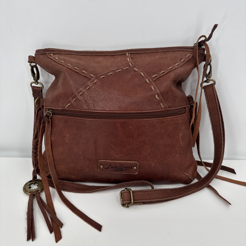 Lucky Brand Tan Leather Hobo Bag Fringe Tassel Boho Shoulder Purse Cognac